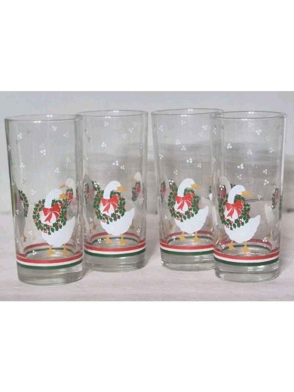 Set Of (4) Libbey Christmas Goose Duck Double  Wreath Dots Drinking Glasses